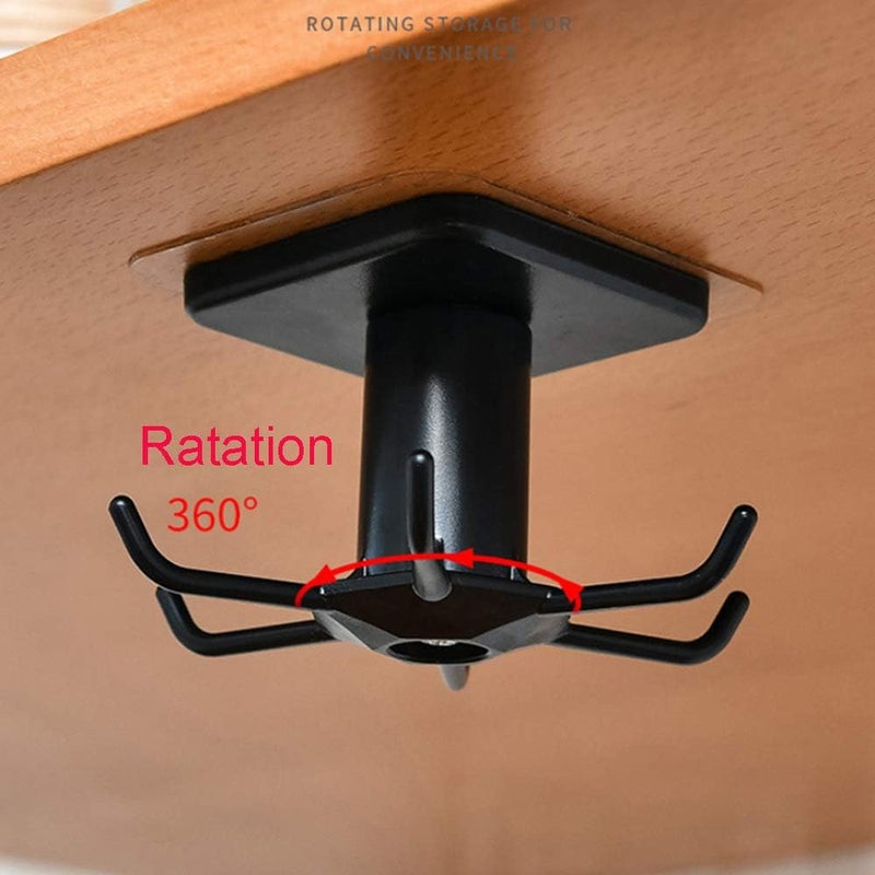 EigPluy 2pcs Under Cabinet Kitchen Utensil Hooks,360° Rotating Drilling Free Adhesive Utensils Hanging Rack for Tools/Towel/Knife (Black) - Image 4